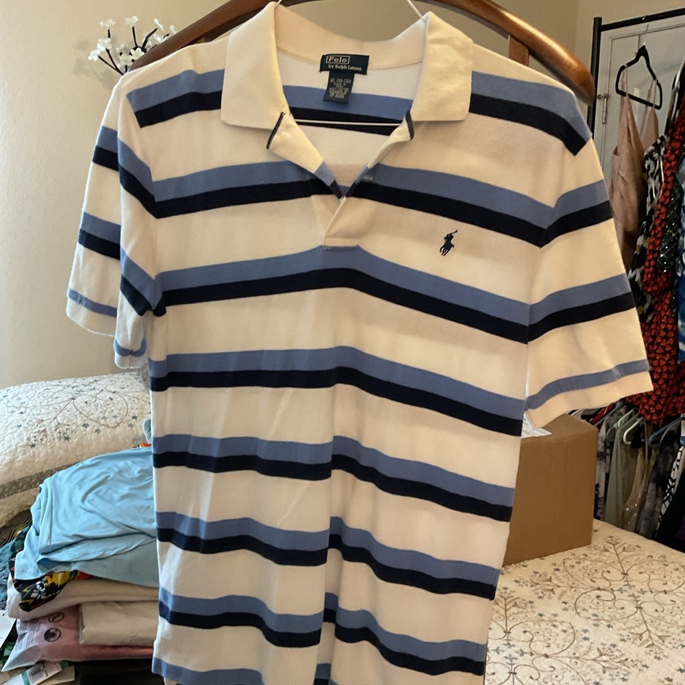 Polo by Ralph Lauren Men's Blue and White Striped Shirt